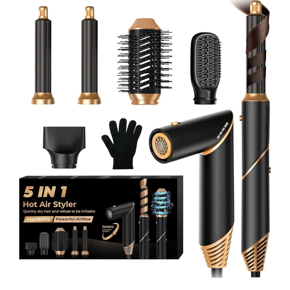 1000 watt Black and Gold 5-in-1 Hair Styling Set with Professional Tools